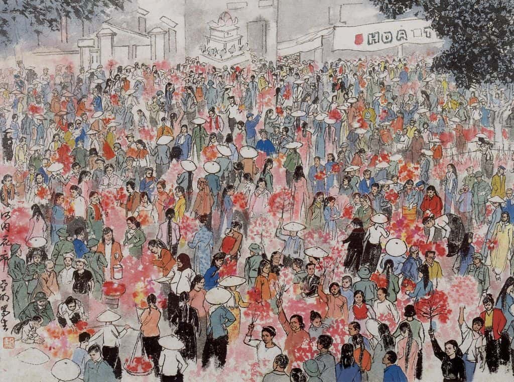 1973年 亚明《河内春节花市》书画作品