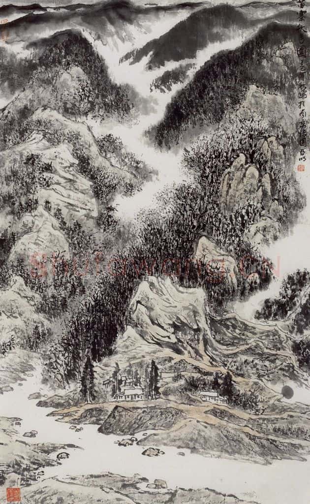 1989年 亚明《苗寨秋色》书画作品