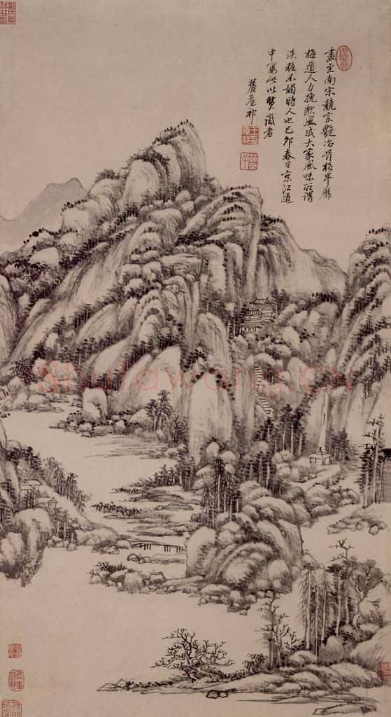 清 王原祁《仿吴镇山水图轴》书画作品