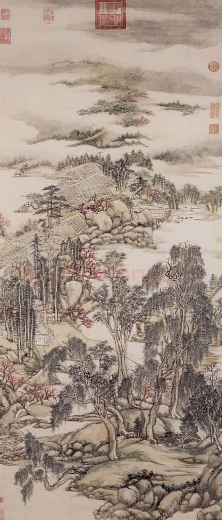清 王原祁《仿赵大年江乡春晓图轴》书画作品