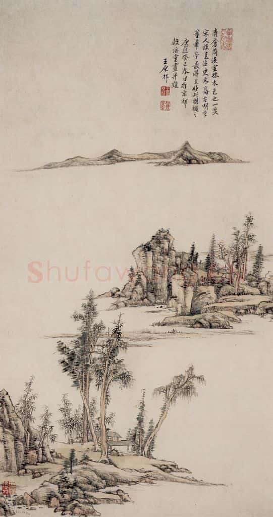清 王原祁《疏林远山图轴》书画作品