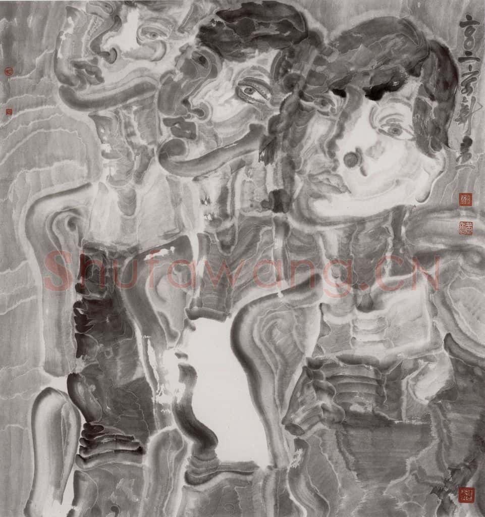 2002年 周京心《三个女孩》书画作品