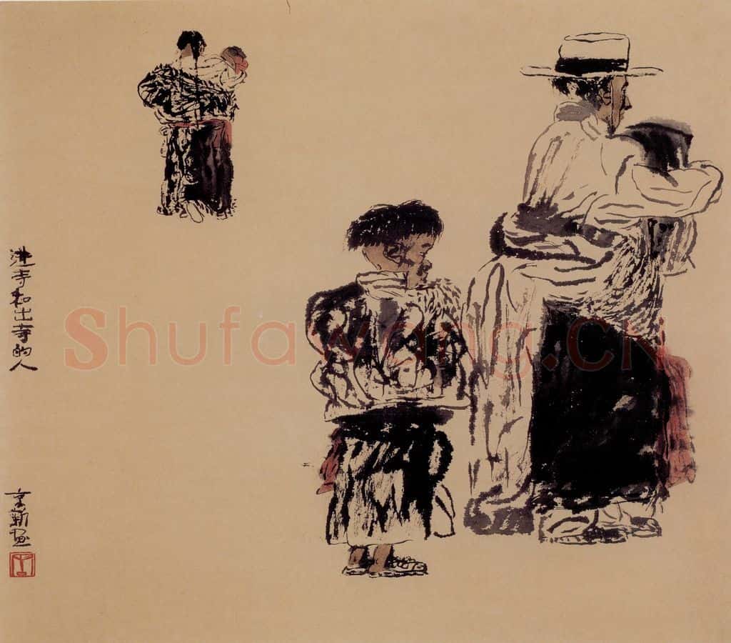 1988年 周京心《进寺和出寺的人》书画作品