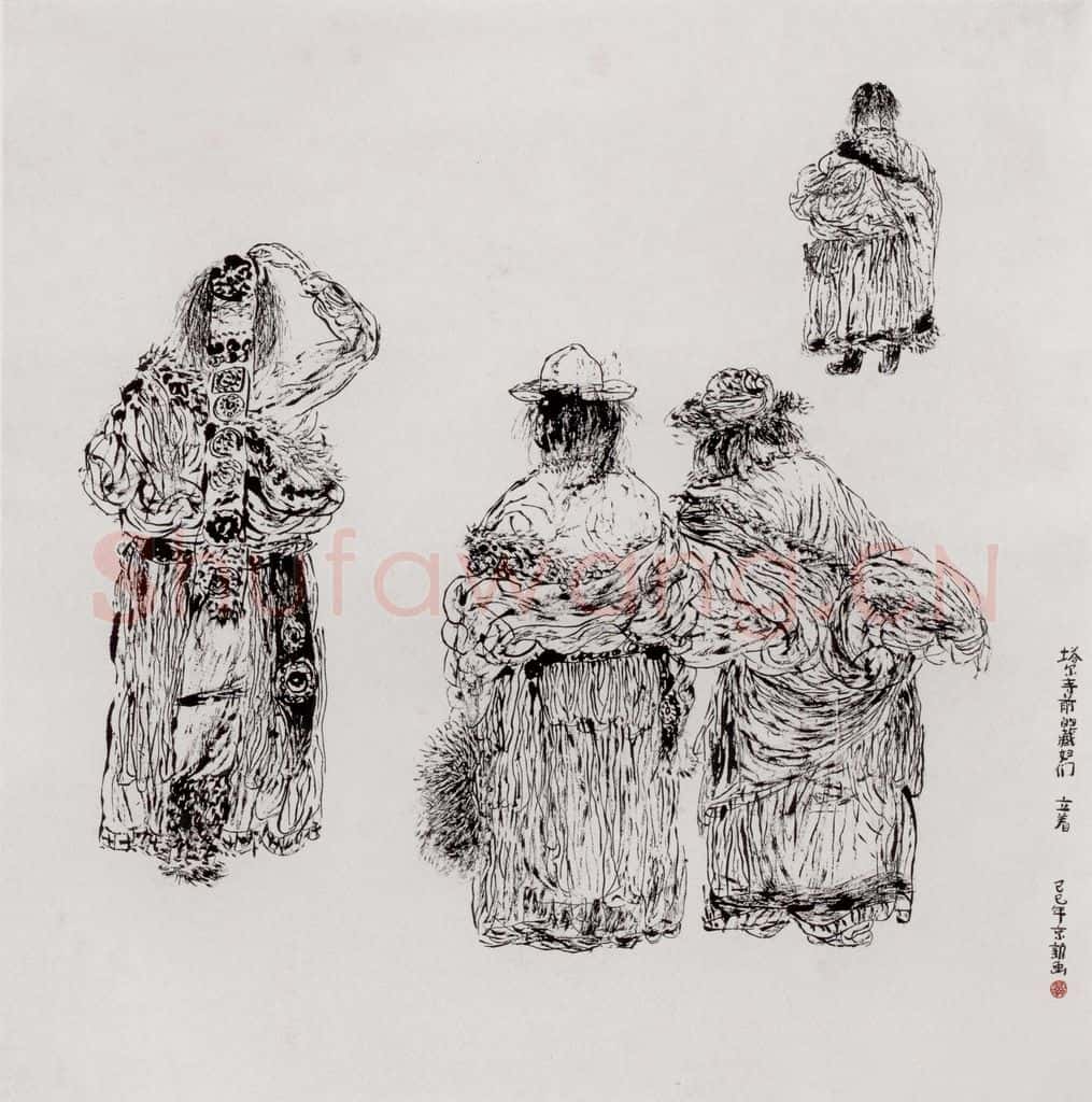 1989年 周京心《塔尔寺前的藏妇们》书画作品