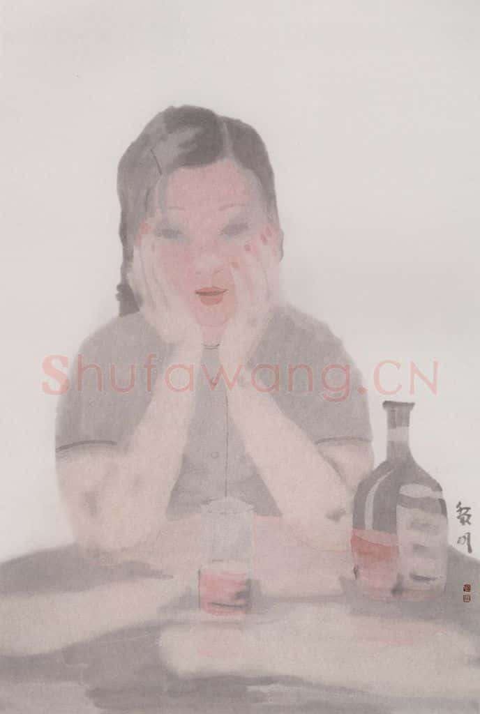 2001年 田黎明 喝红酒的女孩 书画作品