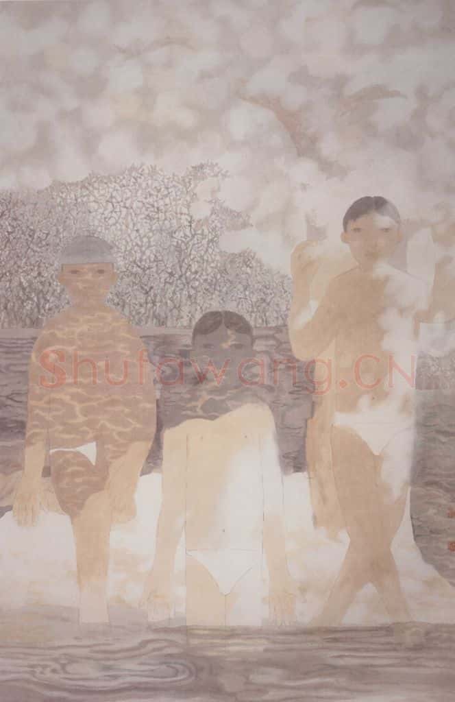 1996年 田黎明 三个泳者 书画作品