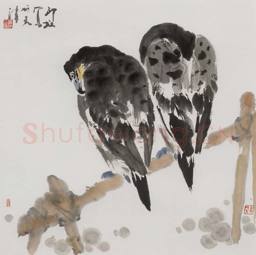 1992年 萧朗《鱼鹰图》书画作品