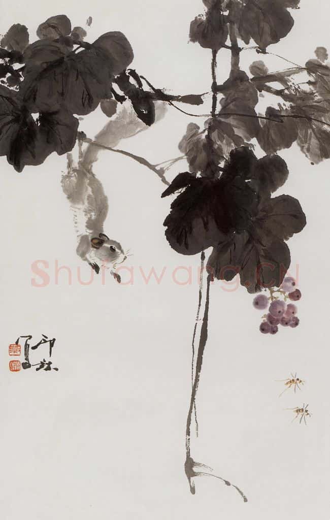 1983年 萧朗《探果》书画作品