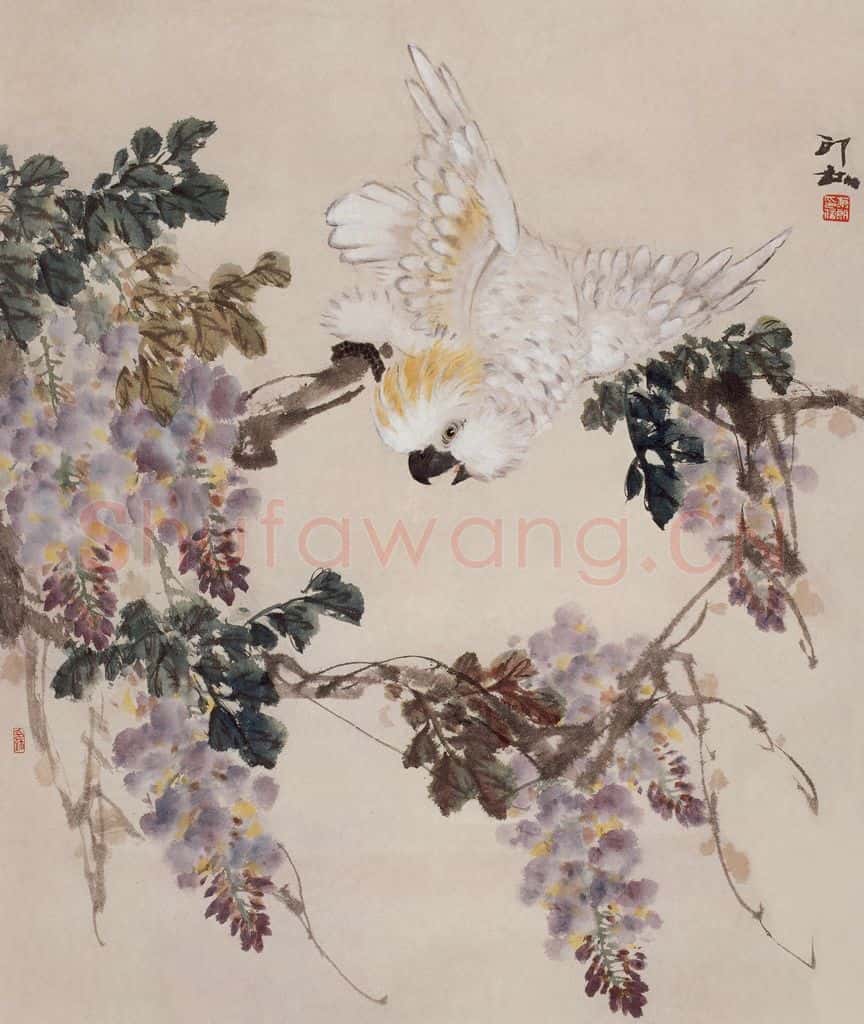 1985年 萧朗《葵花鹦鹉》书画作品