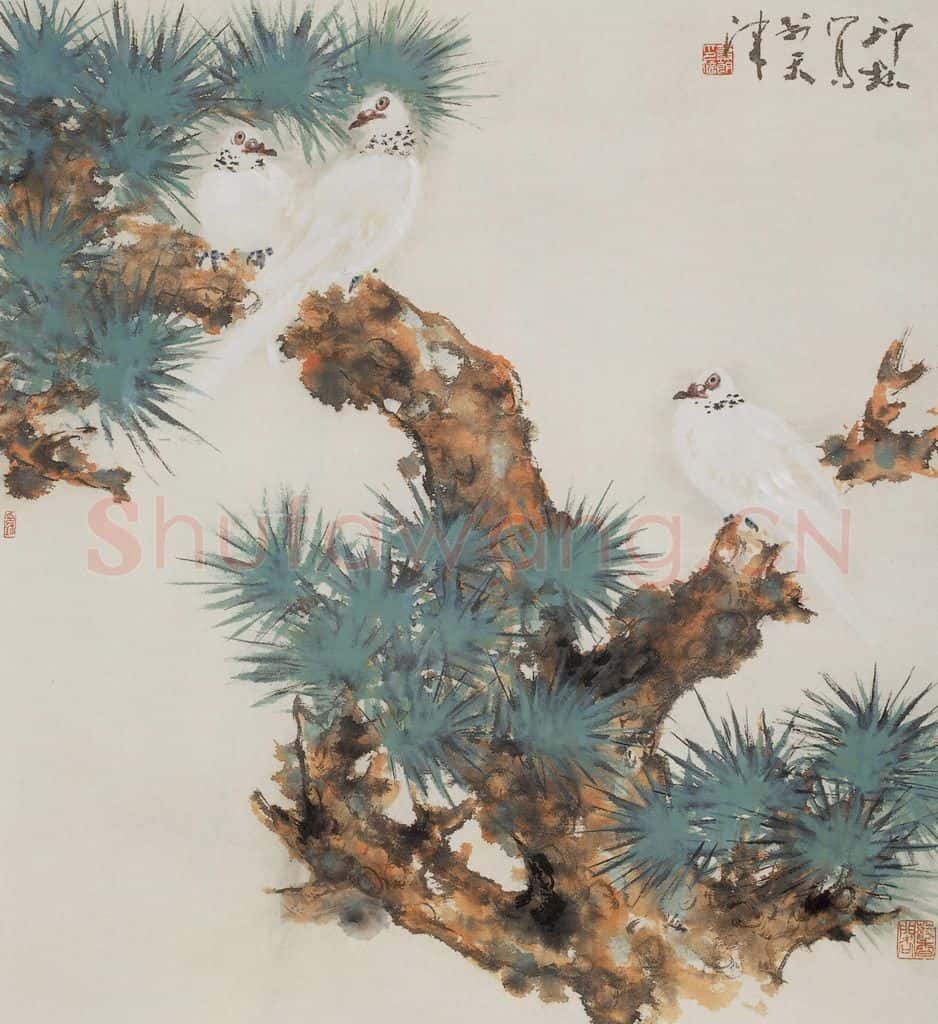1987年 萧朗《松枝斑鸠图》书画作品
