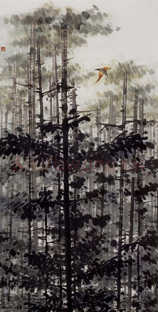 1971年 萧朗《杉林飞雉》书画作品
