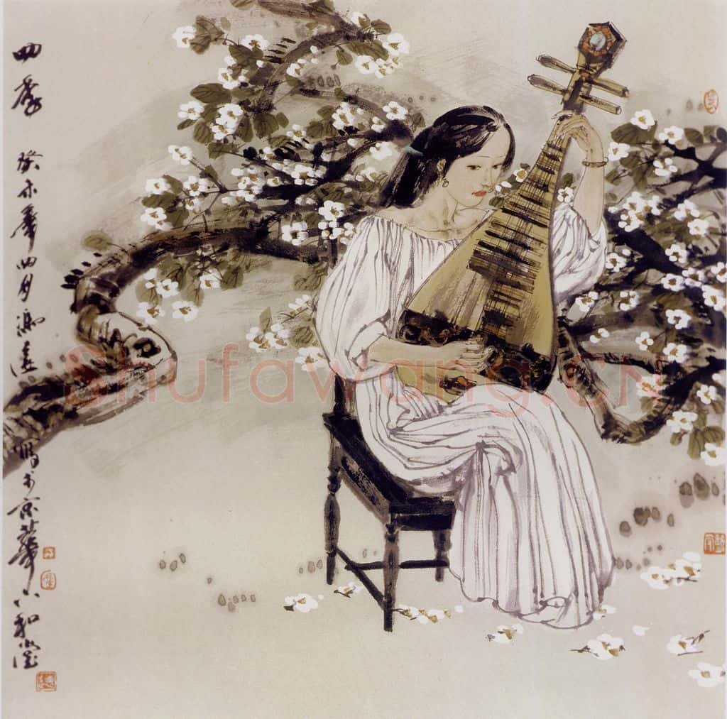 2003年 冯远《四季.弹奏琵琶的女子》书画作品