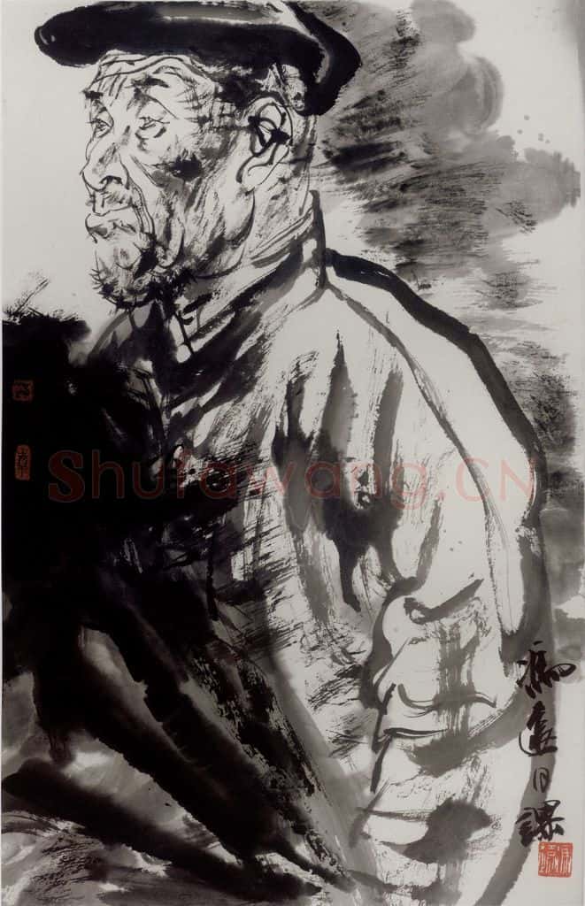 1985年 冯远《水墨老农肖像》书画作品