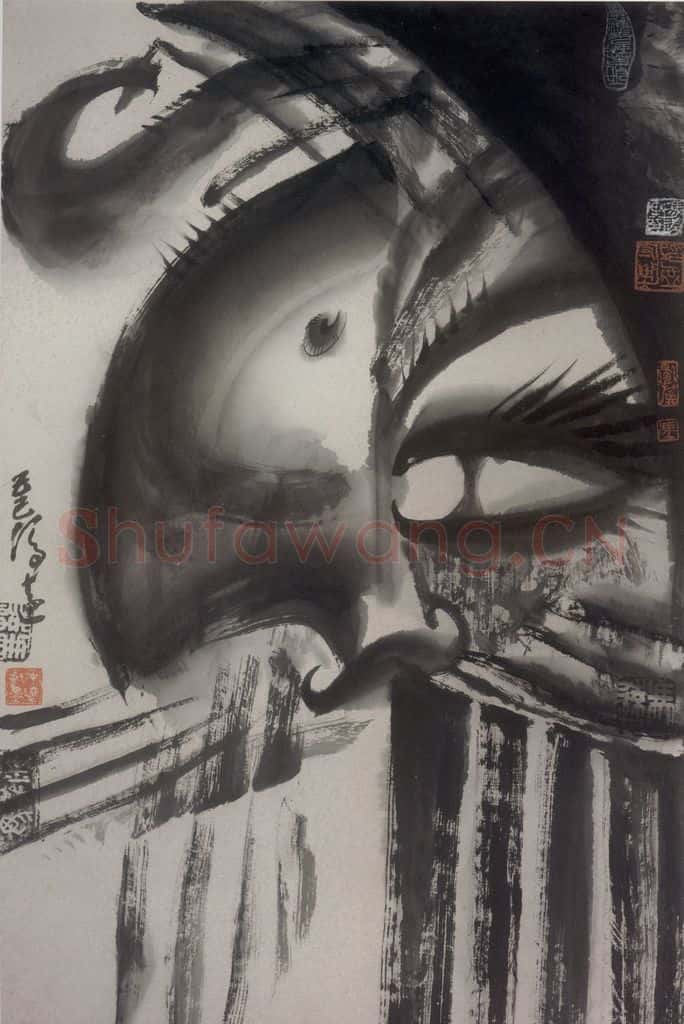 1989年 冯远《水墨戏剧脸谱》书画作品
