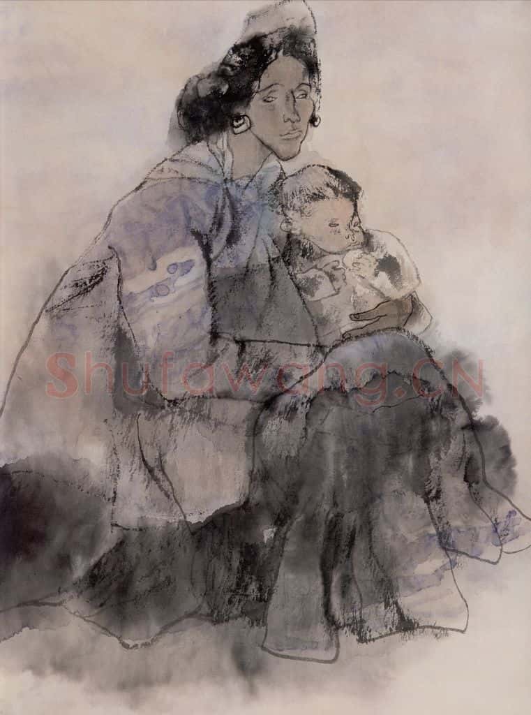 1983年 周思聪《母子图》书画作品