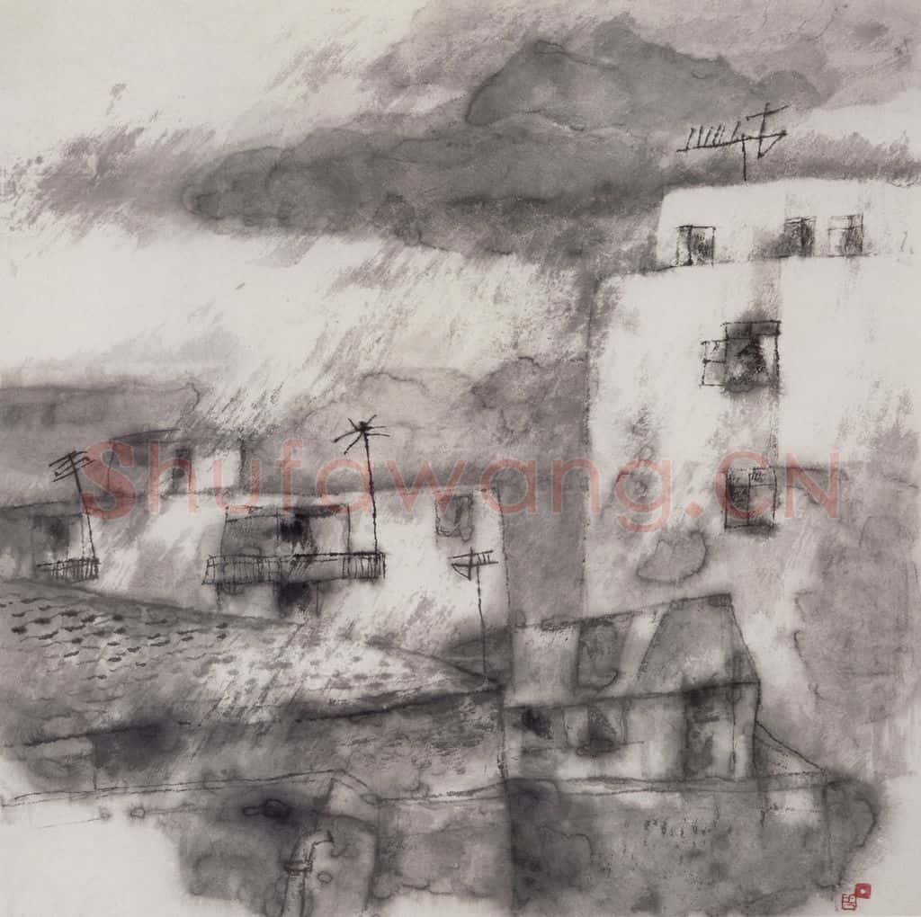 1987年 周思聪《过路雨》书画作品