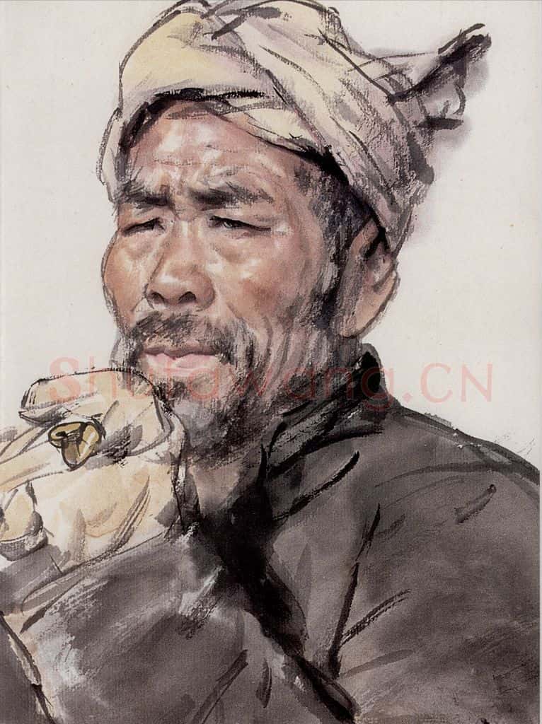 1976年 卢沉《人物写生-工地老英雄》书画作品