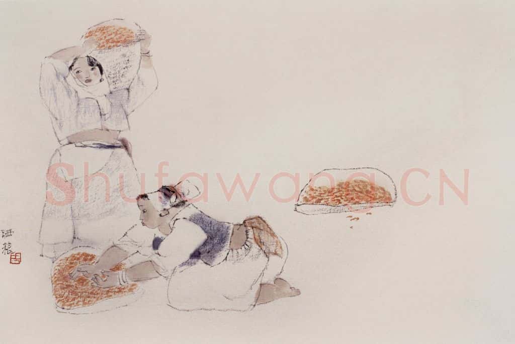 1993年 周思聪《晒粮》书画作品