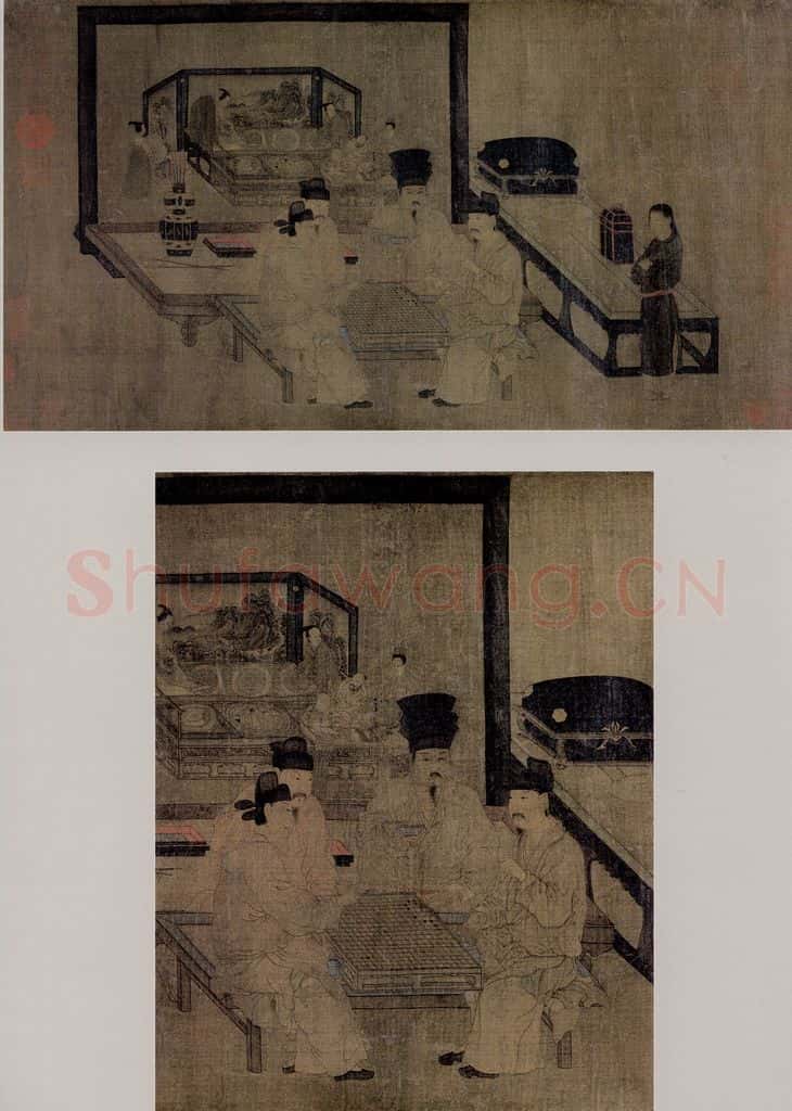 五代南唐 周文矩《重屏会棋图卷》书画作品