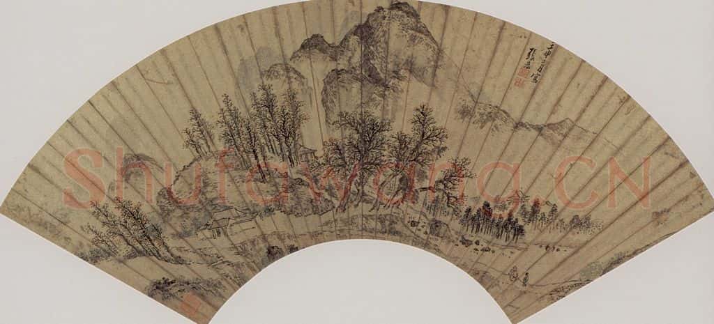 明 張宏《秋樹山村圖扇頁》书画作品