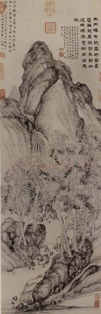 明 宋珏《山樹對雨圖軸》书画作品