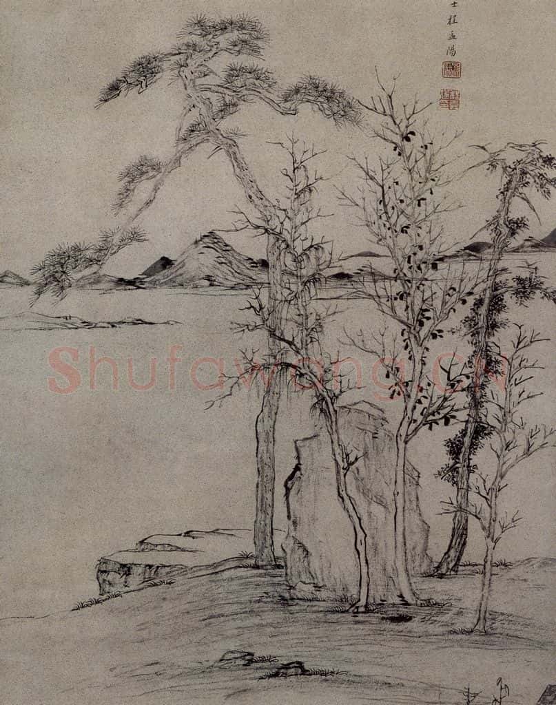 明 程嘉燧《霜林遠軸圖軸》书画作品