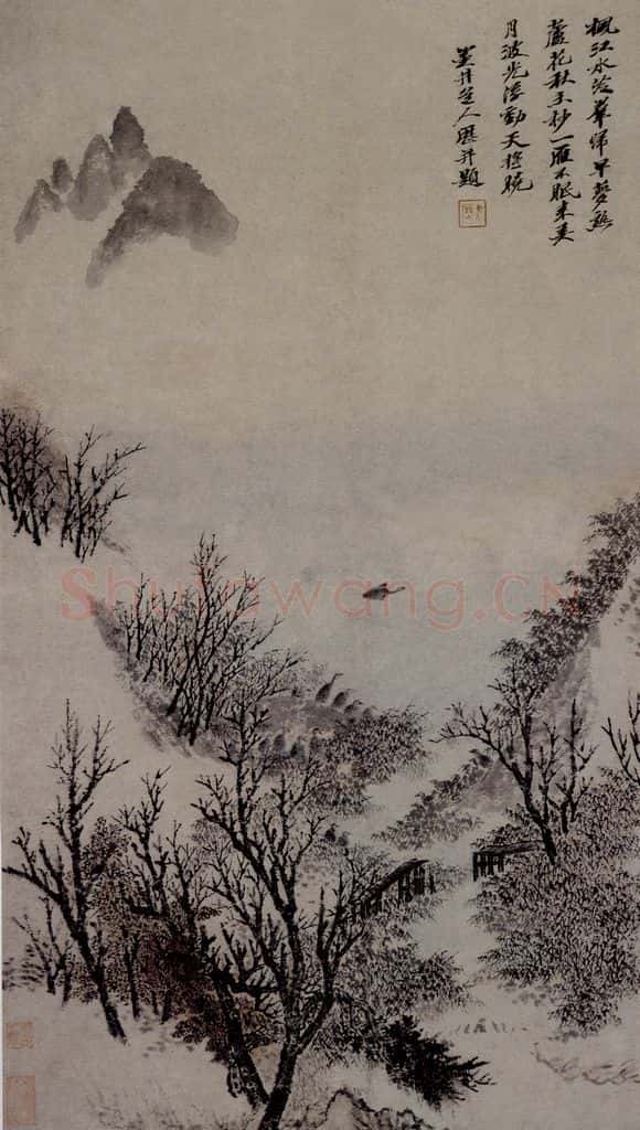 清 吴曆《楓江群雁圖軸》书画作品
