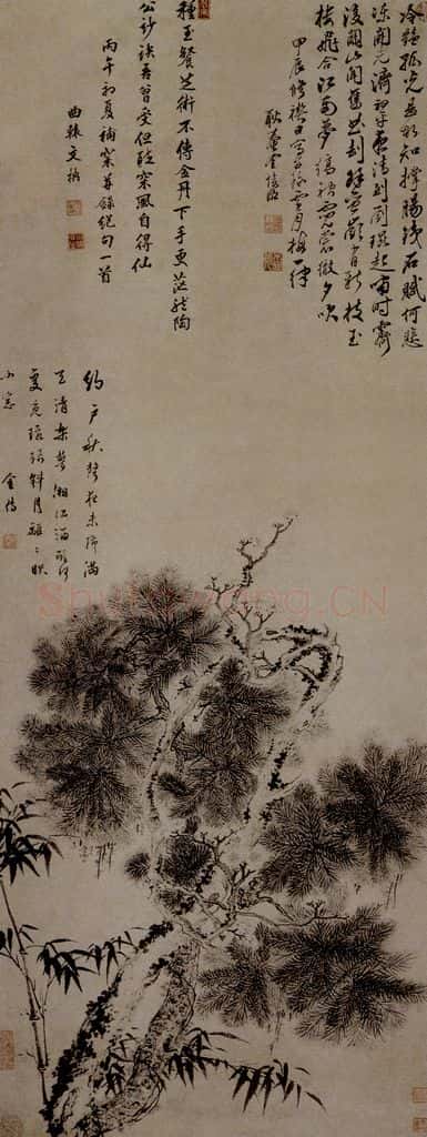 清 文柟《歲寒三友圖軸》书画作品