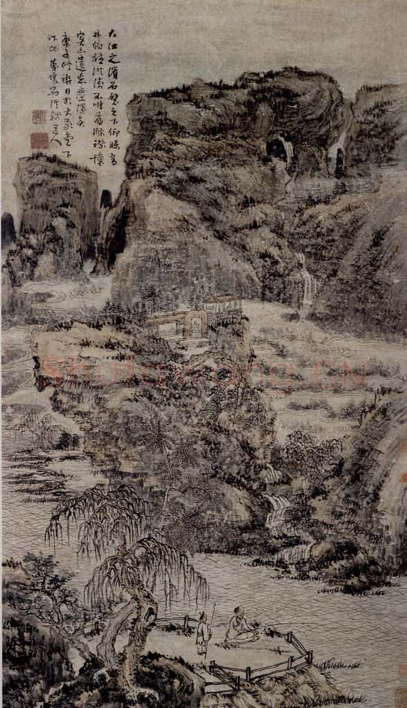 清 髡殘《江千垂釣圖軸》书画作品