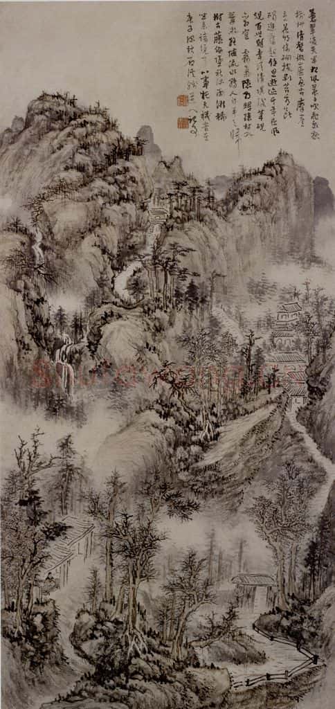 清 髡殘《蒼翠淩天圖軸》书画作品