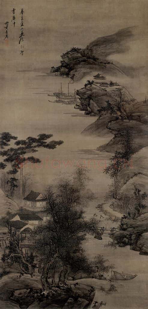 清 吴宏《江楼访友图轴》书画作品