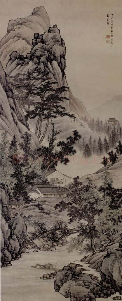 清 鄒喆《山閣談詩圖軸》书画作品