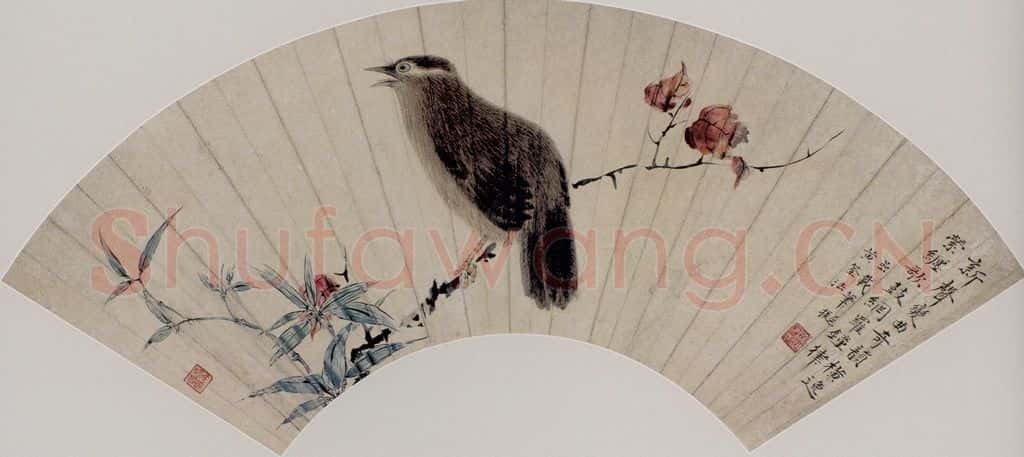 清 华喦《红叶画眉图扇页》书画作品