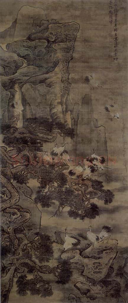 清 顏嶧《山松群鶴图轴》书画作品