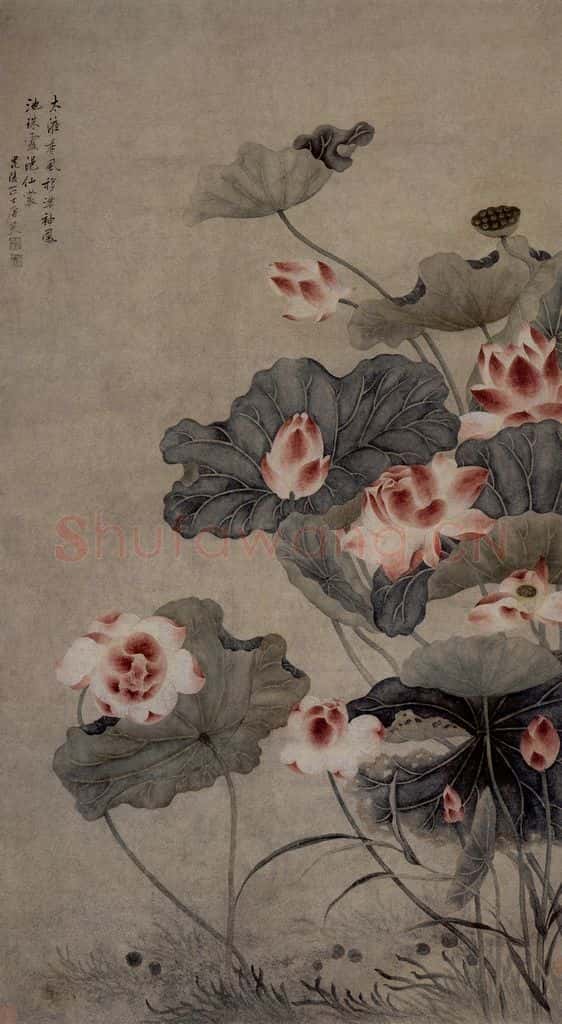 清 唐艾《荷花图轴》书画作品