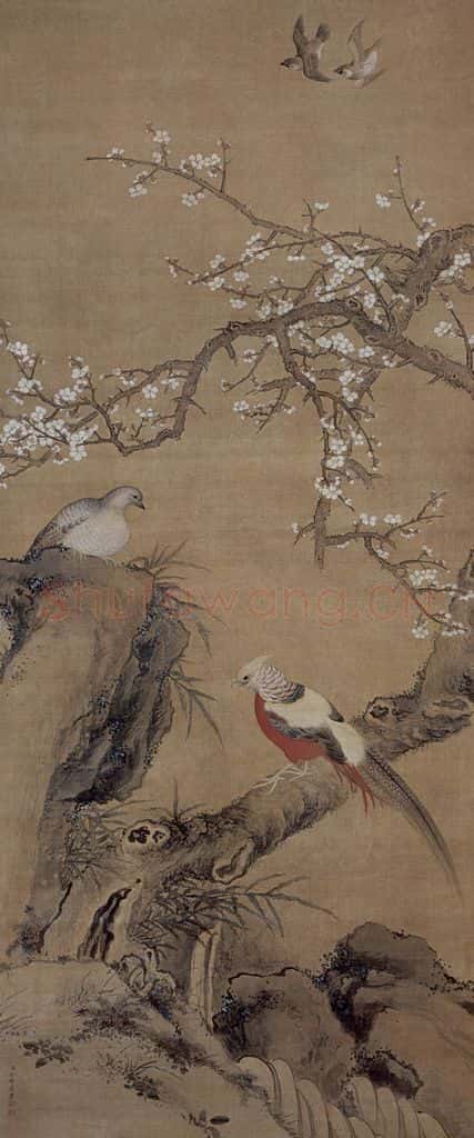 清 余稚《鸠雀争春图轴》书画作品