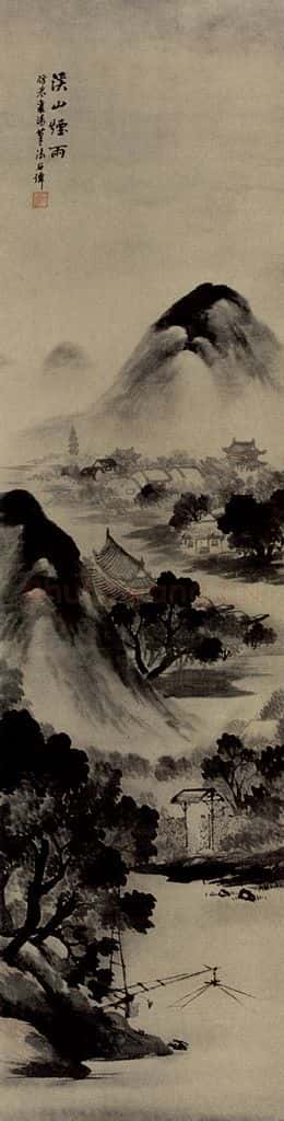 清 吴石仙《溪山烟雨图轴》书画作品