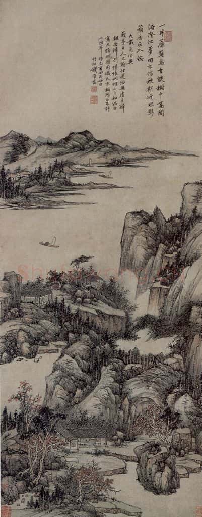 清 钱维乔《秋江帆影图轴》书画作品