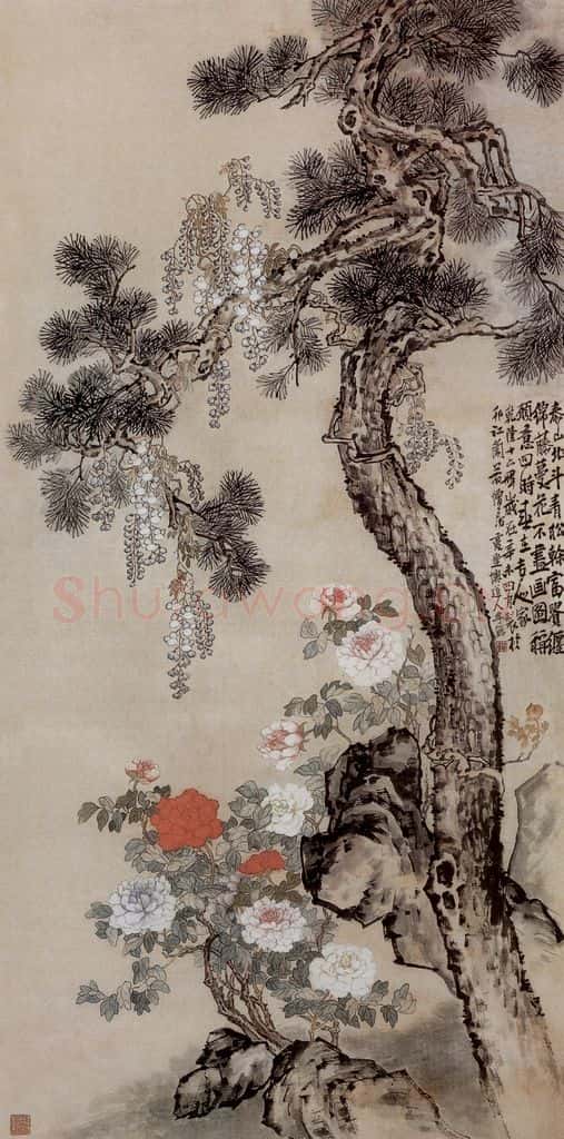 清 李鱓《松石紫藤图轴》书画作品
