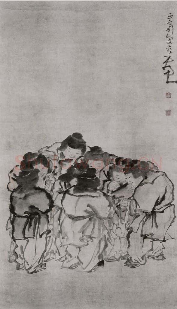 清 闵贞《八子观灯图轴》书画作品
