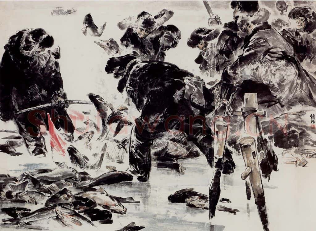 1984年 王绪阳《冰湖鱼跃》书画作品