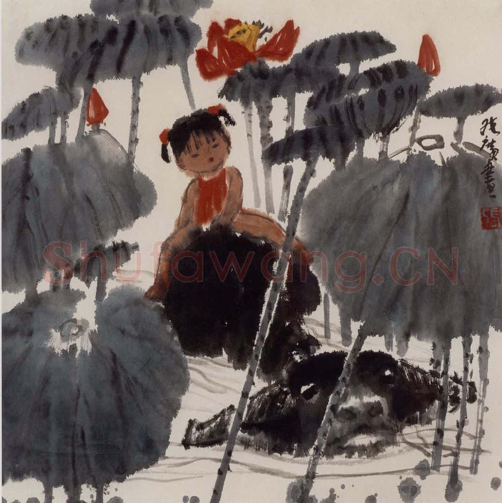 现代 张广《河塘浴牛图》书画作品