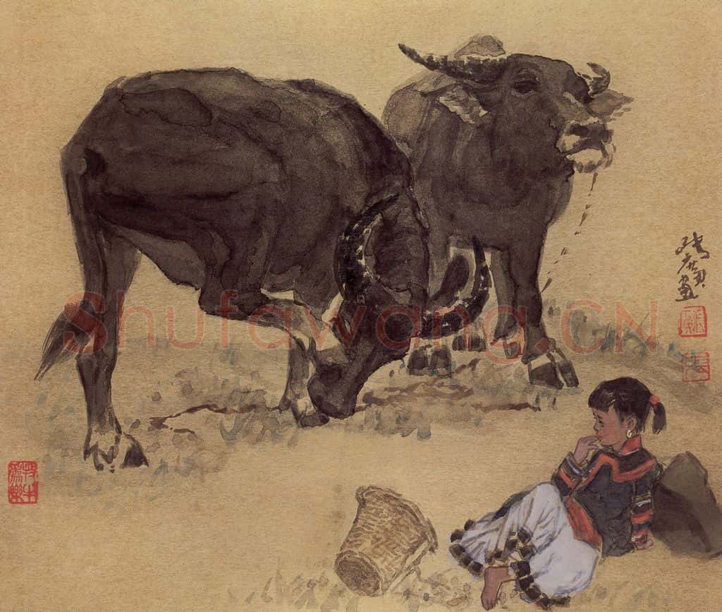 现代 张广《女孩与牛》书画作品