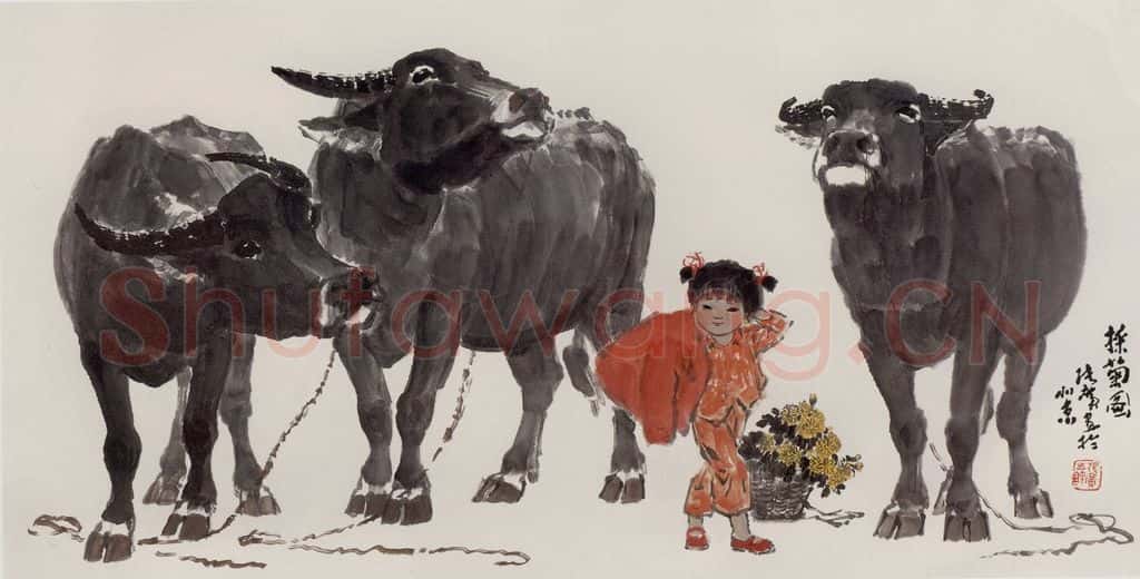 现代 张广《采菊图》书画作品