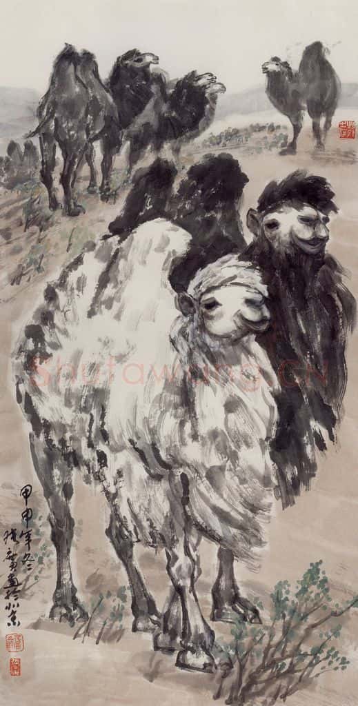现代 张广《草原春驼》书画作品