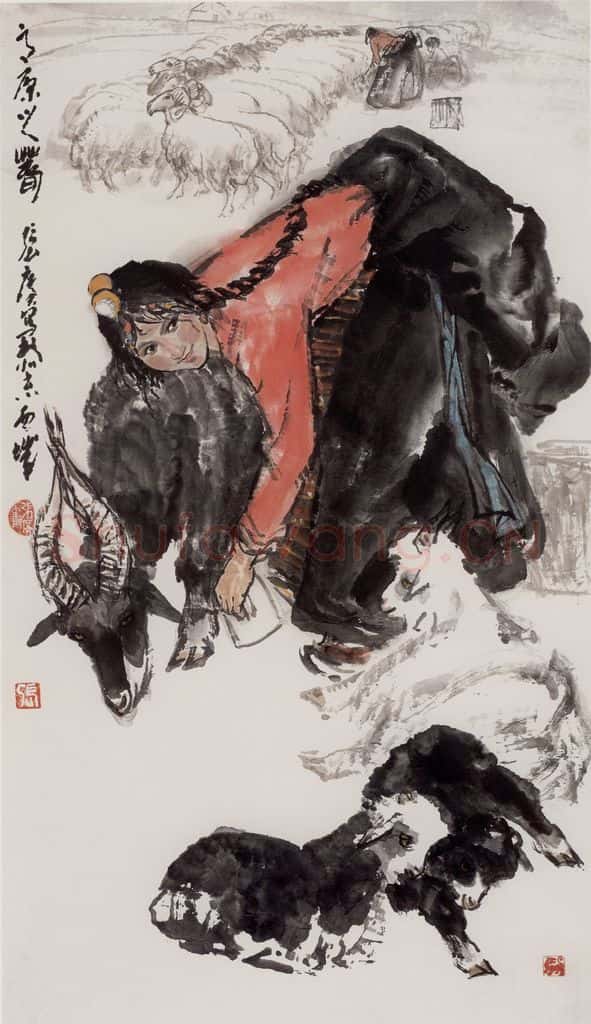 张广《挤奶图》书画作品