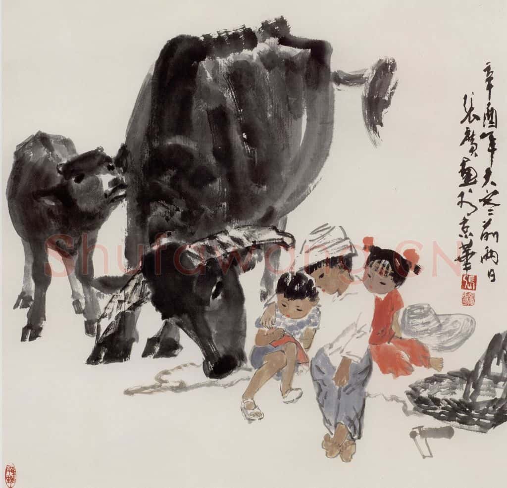 现代 张广《牧读图》书画作品