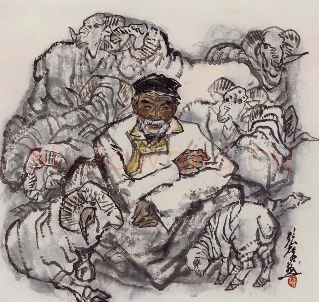现代 张广《牧羊老人》书画作品