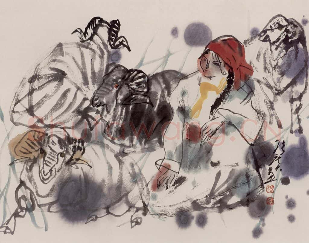 现代 张广《牧羊女》书画作品