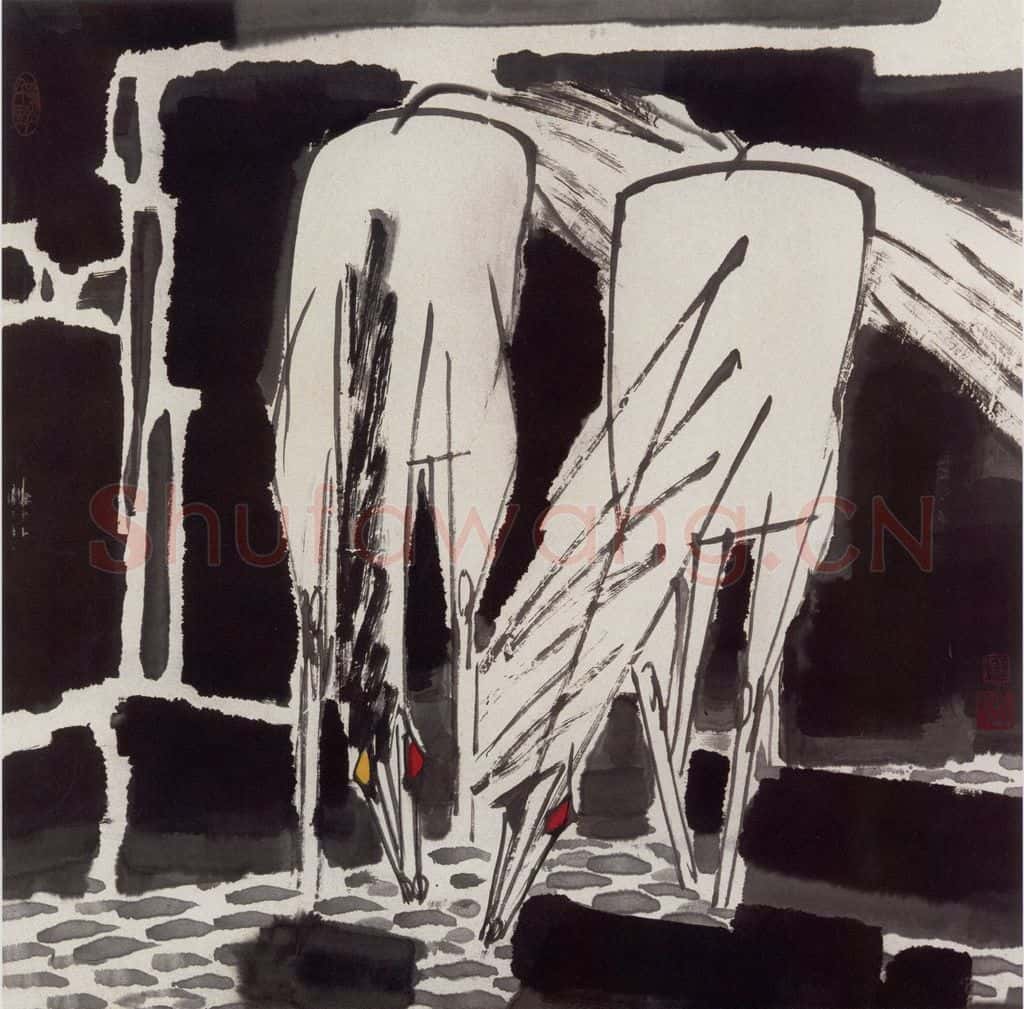 现代 张广《清流饮马》书画作品